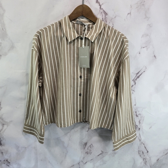 Everlane Shirt Womens Small Brown Button Up Woven Pajama Silky Cotton Crop PJ - Picture 2 of 13